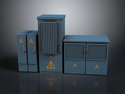 Blue Computer Enclosures In Multiple Different Sizes With Yellow Warning Symbols 3d model