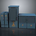 Blue Computer Enclosures In Multiple Different Sizes With Yellow Warning Symbols 3d model