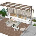 Outdoor Pergola With Comfortable Sofa Coffee Table And Green Plants For Relaxing Outdoor Living Space