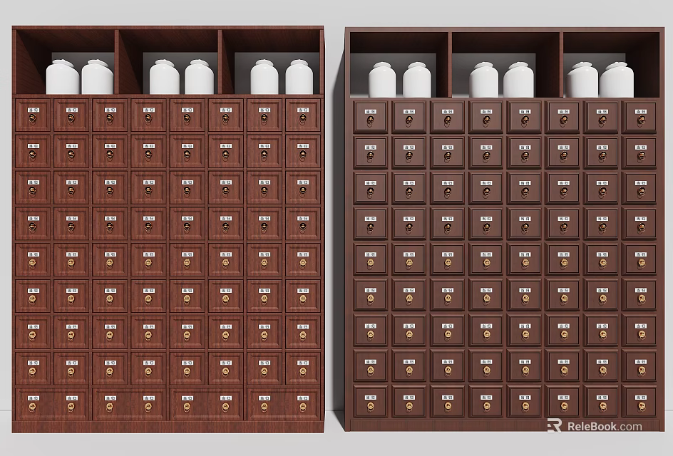 Traditional Chinese Medicine Cabinets With Numerous Drawers And White Bottles On Top 3d model 