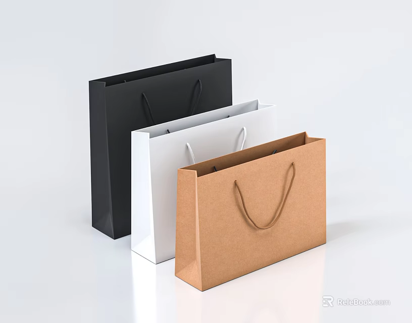 Three Colored Paper Shopping Bags with Handles in Black White and Brown 3d model 