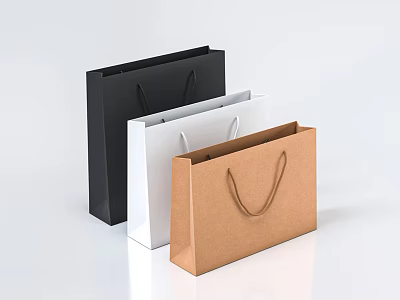 Three Colored Paper Shopping Bags with Handles in Black White and Brown 3d model