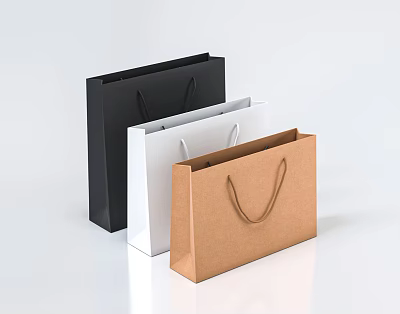 Three Colored Paper Shopping Bags with Handles in Black White and Brown 3d model