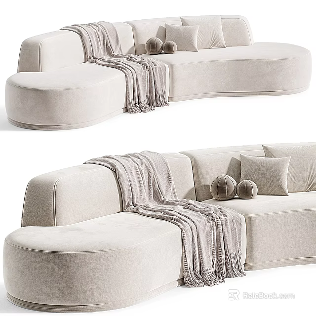 Cozy Beige Sectional Sofa With Curved Design Throw Blanket And Round Cushions 3d model 