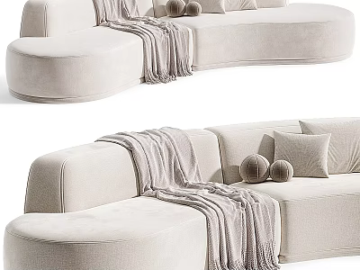 Cozy Beige Sectional Sofa With Curved Design Throw Blanket And Round Cushions 3d model