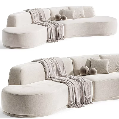 Cozy Beige Sectional Sofa With Curved Design Throw Blanket And Round Cushions 3d model
