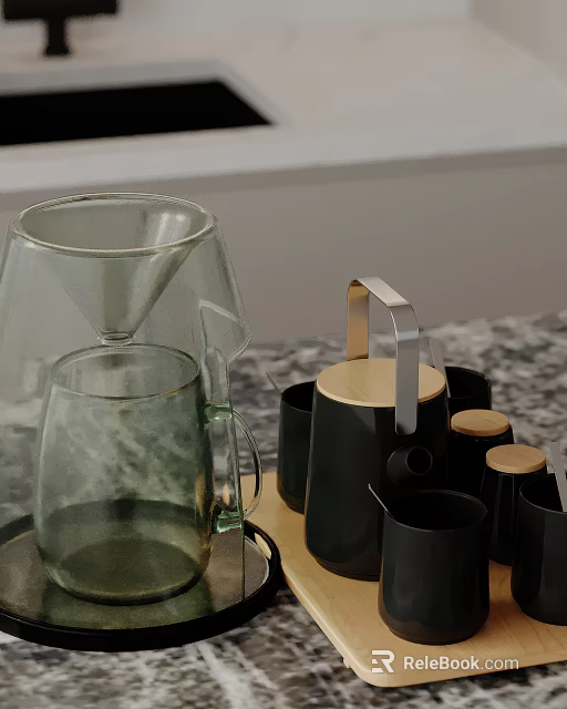 Glass Coffee Pour Over Set With Black Ceramic Cups And Wooden Lids On Counter 3d model 