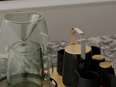 Glass Coffee Pour Over Set With Black Ceramic Cups And Wooden Lids On Counter 3d model