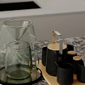 Glass Coffee Pour Over Set With Black Ceramic Cups And Wooden Lids On Counter