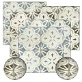 Blue and White Floor Tiles with Geometric Floral Patterns in Vintage Mediterranean Style