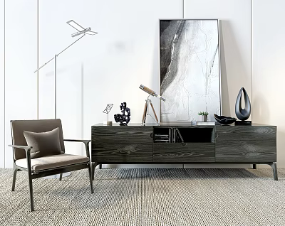 Modern Dark Wooden TV Stand In Living Room With Armchair Floor Lamp And Decorative Painting 3d model