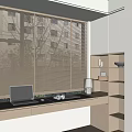 Light Colored Window Blinds In Modern Home Office Workspace With Laptop Bookshelf And Desk Lamp