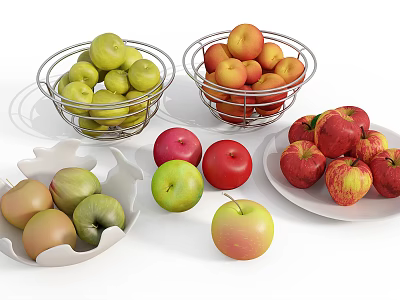 Variety Of Apples Displayed In Bowls And Plates 3d model