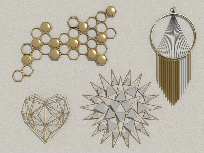 Modern Gold Wall Decor Including Hexagonal Honeycomb Circular Tassel Heart And Star Mirrored Designs 3d model