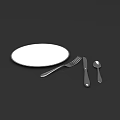 White Plate with Silver Fork Knife Spoon Dinnerware Set on Black 3d model