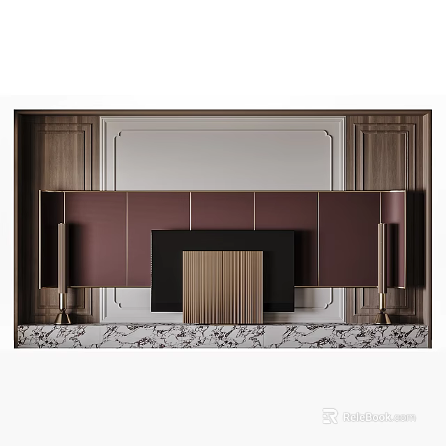 Modern TV Background Wall With Leather Panel And Wooden Frame Marble Base 3d model