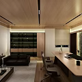 Modern Office Interior With Wooden Ceiling Desk Chairs Bookshelf Decorative Paintings And Natural Light