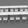 Two Long Conference Tables with White Armrest Chairs and Black Metal Legs