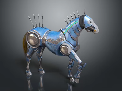 Blue Futuristic Metallic Mechanical Horse With Spikes And Detailed Joints 3d model