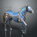 Blue Futuristic Metallic Mechanical Horse With Spikes And Detailed Joints