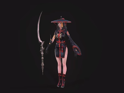 Game Movie Character Wearing Conical Hat Black Outfit With Red Accents Holding Long Sword 3d model