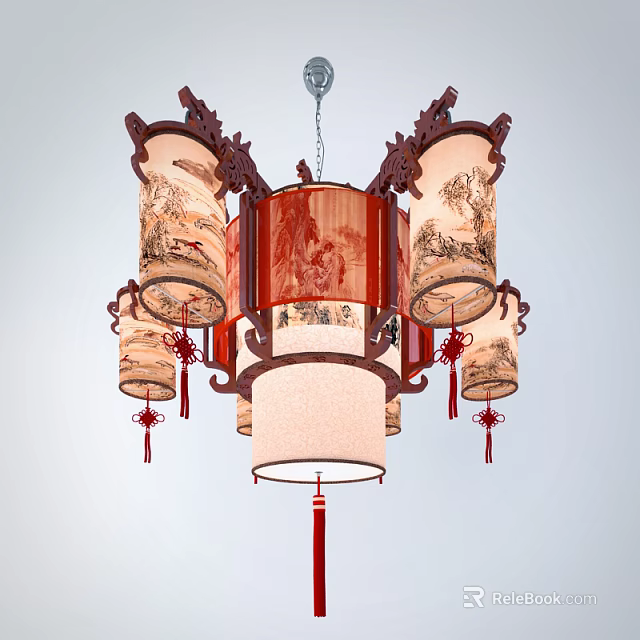 Traditional Chinese Wooden Chandelier With Landscape Painting Motifs And Red Tassels 3d model 