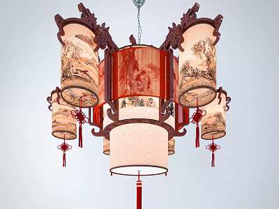 Traditional Chinese Wooden Chandelier With Landscape Painting Motifs And Red Tassels 3d model
