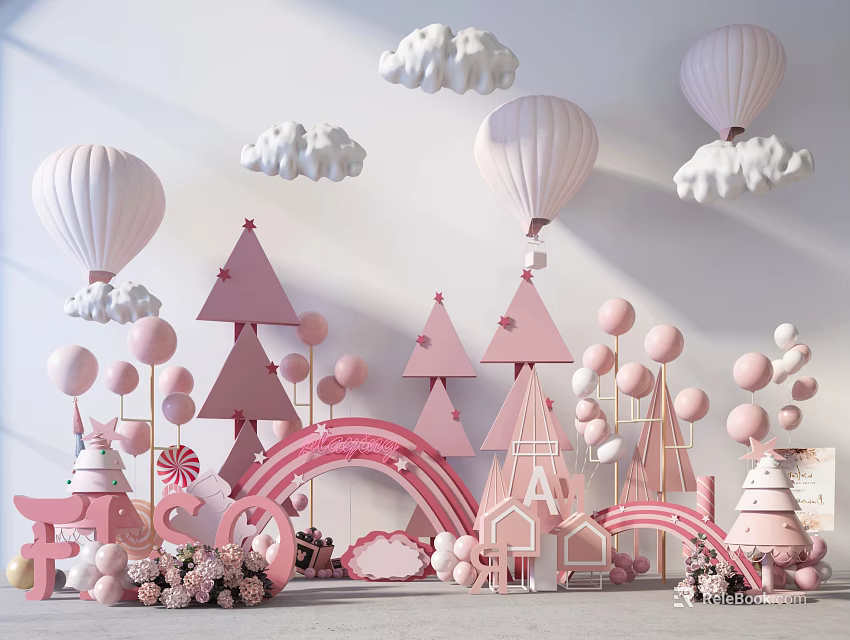 Pink Decorative Scene With Hot Air Balloons Clouds Triangle Trees Balloons Arch And Flowers 3d model 