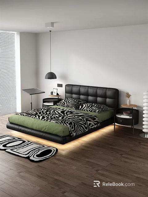 Double Bed With Black Leather Headboard Zebra Print Green Bedding Bedside Tables And Wooden Floor 3d model 