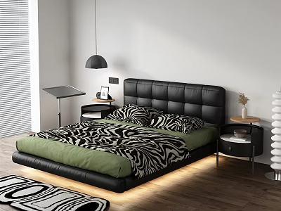 Double Bed With Black Leather Headboard Zebra Print Green Bedding Bedside Tables And Wooden Floor 3d model