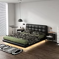 Double Bed With Black Leather Headboard Zebra Print Green Bedding Bedside Tables And Wooden Floor
