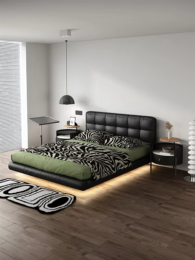 Double Bed With Black Leather Headboard Zebra Print Green Bedding Bedside Tables And Wooden Floor 3d model