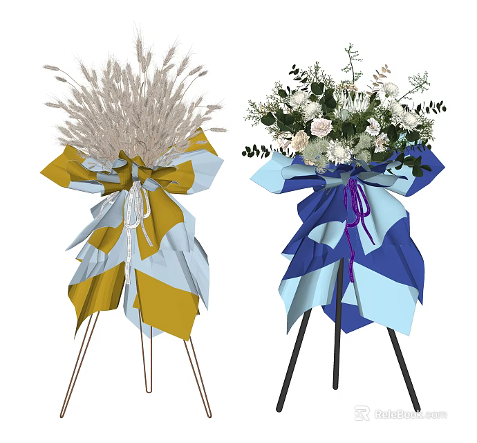 Colorful Wrapped Flower Vases with Dried Grass and White Blooms on Black Stands 3d model 