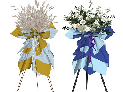 Colorful Wrapped Flower Vases with Dried Grass and White Blooms on Black Stands 3d model