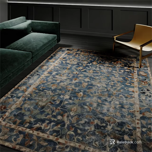 Blue Floral Pattern Square Rug In Living Room With Green Sofa And Chair 3d model 