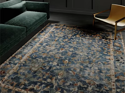 Blue Floral Pattern Square Rug In Living Room With Green Sofa And Chair 3d model