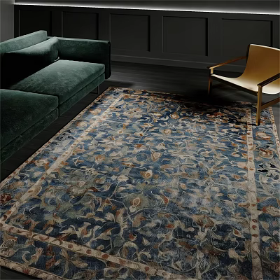 Blue Floral Pattern Square Rug In Living Room With Green Sofa And Chair 3d model