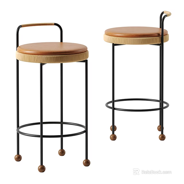 Bar Stools With Brown Leather Seats Black Metal Frames Round Bases And Wooden Balls 3d model 