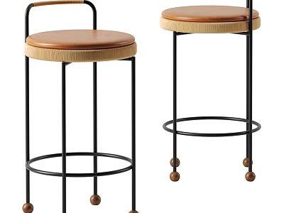 Bar Stools With Brown Leather Seats Black Metal Frames Round Bases And Wooden Balls 3d model