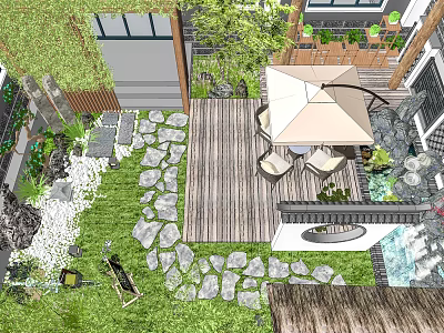 Karesansui Dry Landscape Garden Featuring Wooden Deck Stone Pathway Green Plants and Umbrella Chairs 3d model
