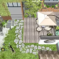 Karesansui Dry Landscape Garden Featuring Wooden Deck Stone Pathway Green Plants and Umbrella Chairs