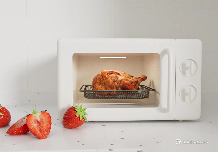 Delicious Cooked Chicken in Microwave with Fresh Strawberries on Kitchen Counter 3d model 
