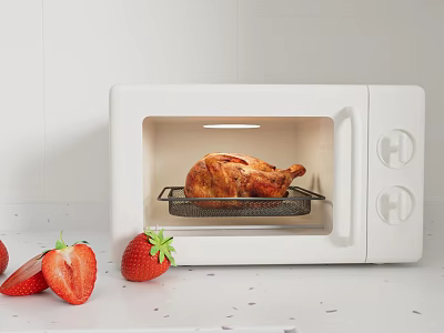 Delicious Cooked Chicken in Microwave with Fresh Strawberries on Kitchen Counter 3d model