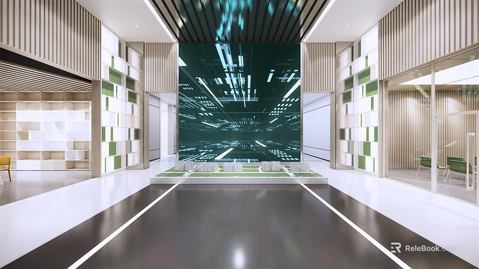 Spacious Modern Front Desk Reception Area With Tech Inspired Green Wall And Wooden Accents 3d model 