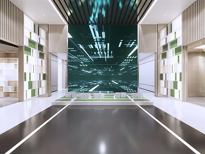 Spacious Modern Front Desk Reception Area With Tech Inspired Green Wall And Wooden Accents 3d model