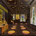 Religious Buddhist Temple Interior Featuring Golden Buddha Statues Yellow Cushions And Decorative Ceiling