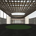 Modern Sales Office Building With Grand Entrance Canopy Surrounding High Rise Buildings And Paved Ground