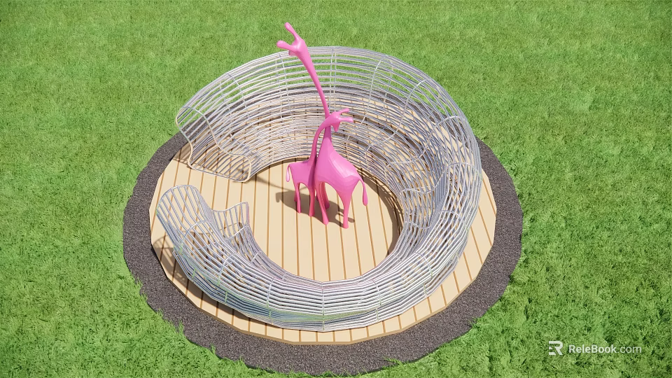Circular Metal Frame Landscape Seating With Pink Giraffe Sculptures Center Green Grass Wooden Base 3d model 
