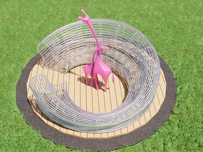 Circular Metal Frame Landscape Seating With Pink Giraffe Sculptures Center Green Grass Wooden Base 3d model