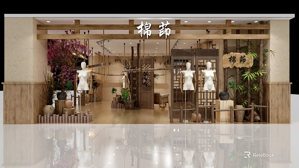 Natural Style Clothing Store Interior with Wooden Decor Mannequins and Green Plants 3d model 